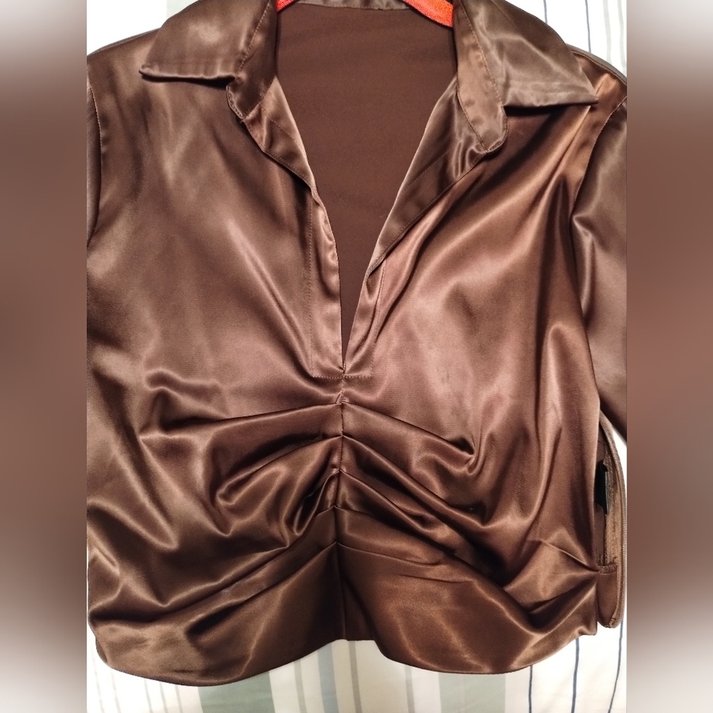 Chic Satin Ruched Blouse in Rich Brown Small